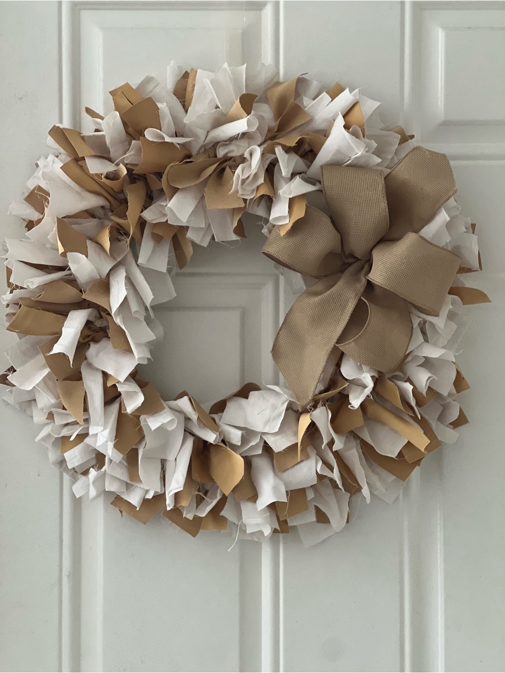 Neutral White and Tan Fabric Holiday Wreath with Bow